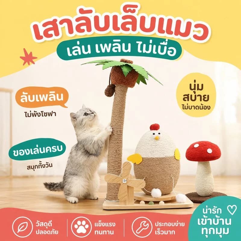 ลับเล็บแมว เสาลับเล็บแมวได้ ทำจากไม้เนื้อแข็งและป่านศรนารายณ์ ไอเท็มที่ดูดี รูปทรงการ์ตูน