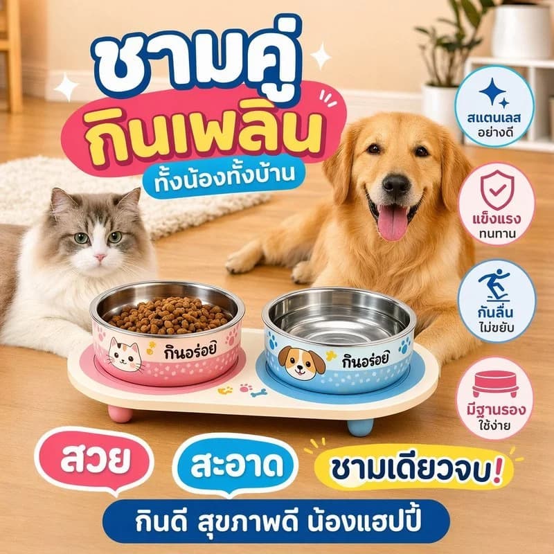 ใหม่การ์ตูนสัตว์เลี้ยงชามคู่ ชามอาหารแมว ชามข้าวหมา ทำจากสแตนเลส มีฐานกันลื่น แถมสติกเกอร์กันลื่นฟรี