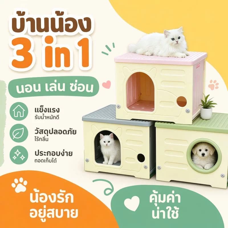 บ้านสัตว์เลี้ยง กลางแจ้งกันฝน 53*41*39cm บ้านแมวพับได้ กล่องเก็บของ คอนโดแมว