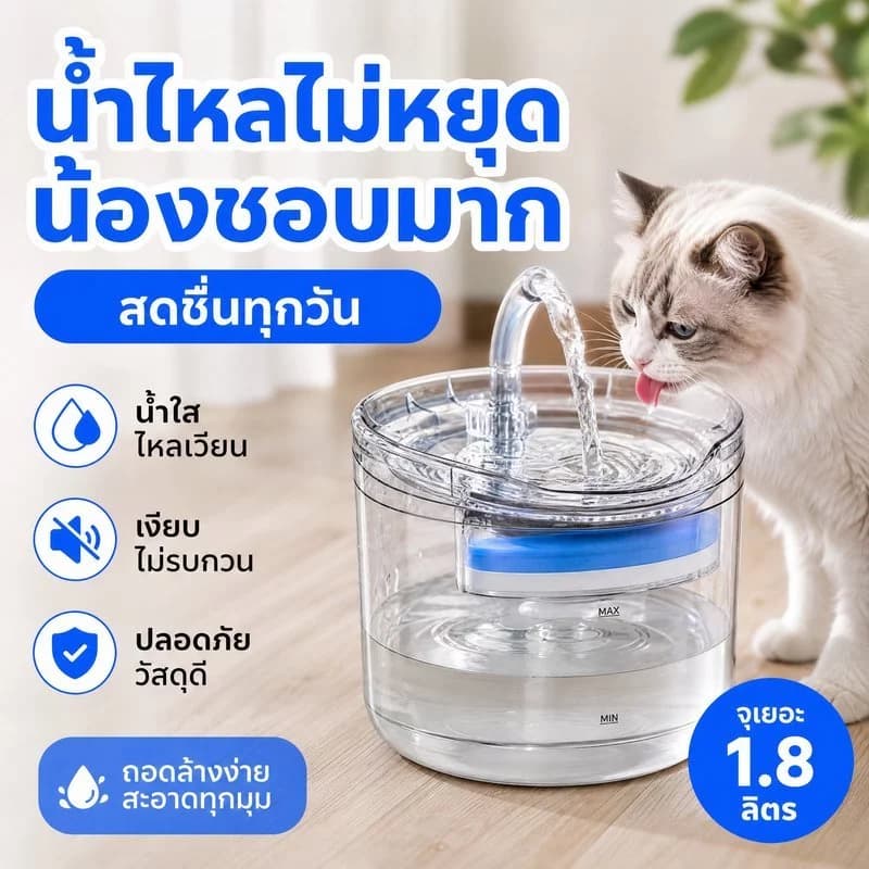 ที่ให้น้ำสัตว์เลี้ยงอัตโนมัติ น้ำพุแมว แบบใส 1.8 ลิตร ปิดเสียง
